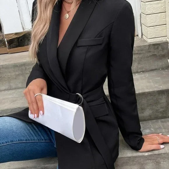 Black D-ring Side Wrap Shawl Collar Blazer contemporary Office Chic - Picture 3 of 6